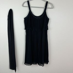 White House Black Market Pleated Chiffon Knee Length Dress Satin Trim Black 10